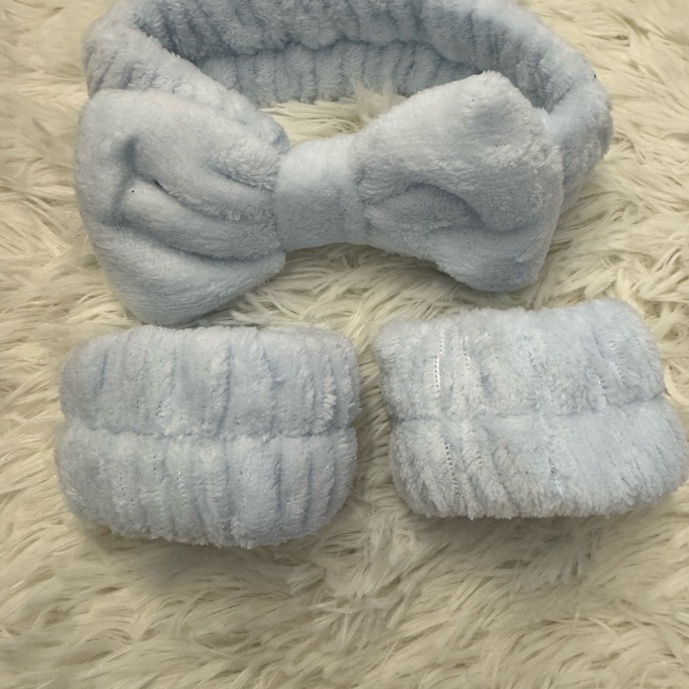 Plush Light Blue Bow spa Headband and Wristbands Set
